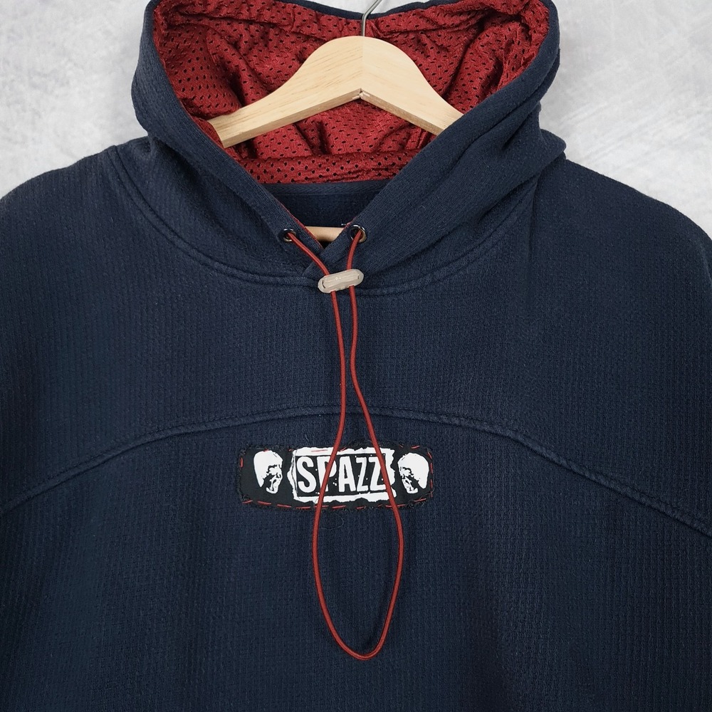 Vntg Y2K Hoodie Mens Large Blue Spazz Patch Handstitched Thermal Lined Pullover